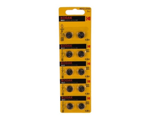 Kodak AG12 (386) LR1142, LR43 KAG12-10 Max Button Cell (100/1000/70000) (10 шт. в уп-ке)