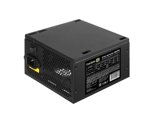 500W ExeGate 500PPE (ATX, APFC, PC, КПД 80% (80 PLUS), 12cm fan, 24pin, 2x(4+4)pin, 2xPCI-E, 5xSATA, 3xIDE, black, кабель 220V в комплекте)