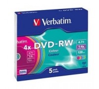 Verbatim DVD-RW 4x, Colour, Slim, 5шт,(43563)