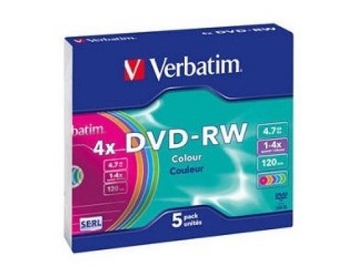 Verbatim DVD-RW 4x, Colour, Slim, 5шт,(43563)