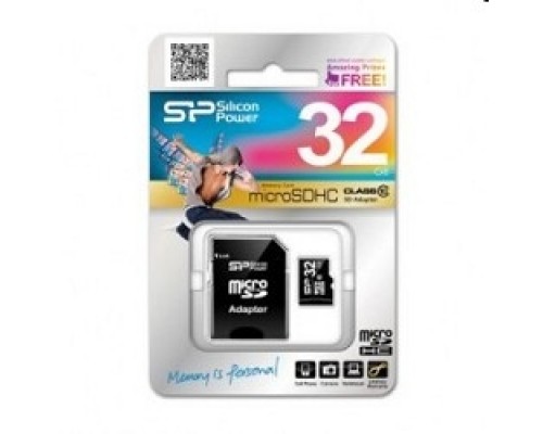 Micro SecureDigital 32Gb Silicon Power SP032GBSTH010V10-SP MicroSDHC Class 10, SD adapter