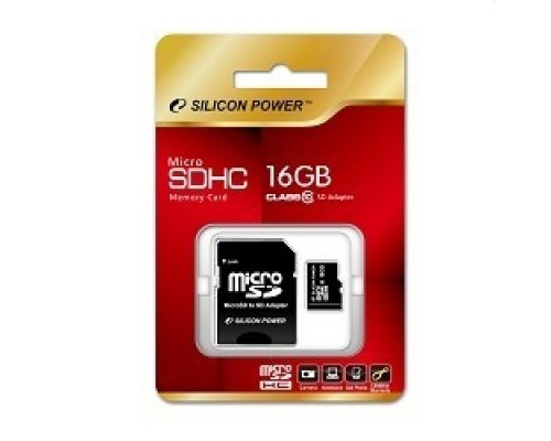 Micro SecureDigital 16Gb Silicon Power SP016GBSTH010V10SP MicroSDHC Class 10, SD adapter
