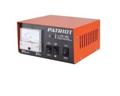 Зарядное устройство PATRIOT BCI-10A 650303410 Вход.напр. 1ф - 220В ±15%; потреб.мощ 0,4 кВА; напряжен.зарядки 6/12В; ток зарядки макс. 10А; емк.бат. 10-150А/час; вес 1,3 кг.