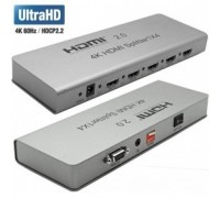 ORIENT HDMI 4K Splitter HSP0104H-2.0, 1-&gt;4, HDMI 2.0/3D, UHDTV 4K/ 60Hz (3840x2160)/HDTV1080p, HDCP2.2, EDID управление, RS232 порт, IR вход, внешний БП 5В/1.5А, метал.корпус