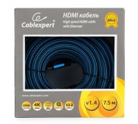 Кабель HDMI Cablexpert, серия Gold, 7,5 м, v1.4, M/M, синий, позол.разъемы, алюминиевый корпус, нейлоновая оплетка, коробка (CC-G-HDMI01-7.5M)