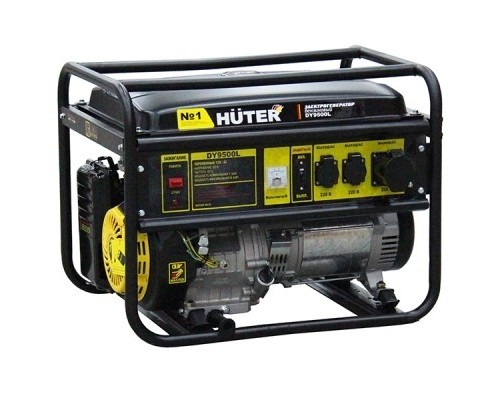 Huter DY9500L 64/1/39 Электрогенератор четырехтактный, 7500Вт, 220В/50Гц, 91Дб, принудительное охлаждение, бак 25 л, расход бензина 374 г/кВтч, расход масла 6,8 г/кВтч, ручной стартер