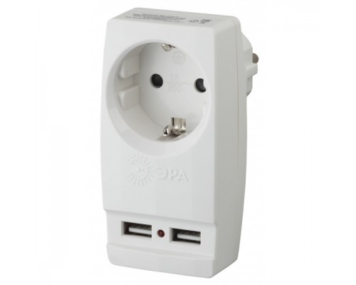 ЭРА Б0026332 Адаптер Polynom SP-1e-USB-W 1гн 220V + 2xUSB 2100mA, c заземл, (белый)
