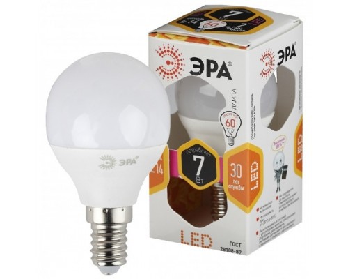 ЭРА Б0020548 Лампочка светодиодная STD LED P45-7W-827-E14 E14 / Е14 7Вт шар теплый белый свет