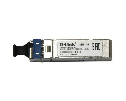 D-Link 330R/10KM/A1A WDM SFP-трансивер с 1 портом 1000Base-BX-U (Tx:1310 нм, Rx:1550 нм) для одномодового оптического кабеля (до 10 км, разъем Simplex LC)