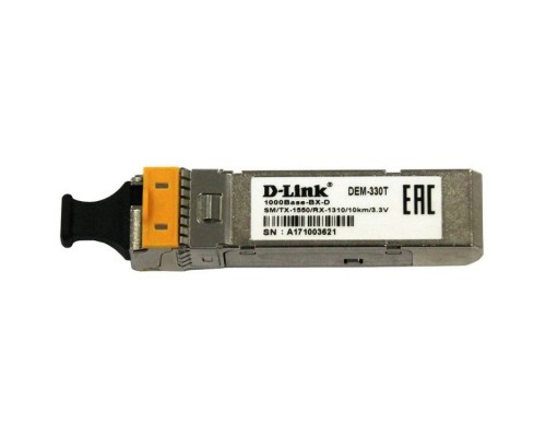 D-Link 330T/10KM/A1A WDM SFP-трансивер с 1 портом 1000Base-BX-D (Tx:1550 нм, Rx:1310 нм) для одномодового оптического кабеля (до 10 км, разъем Simplex LC)