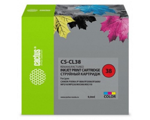 Cactus CL-38 Картридж для Canon Pixma iP1800/iP1900/iP2500/iP2600/MP140/MP190/MP210/MP220/MP470/MX300/MX310, голубой/пурпурный/желтый