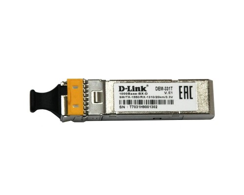 D-Link 331T/20KM/A1A WDM SFP-трансивер с 1 портом 1000Base-BX-D (Tx:1550 нм, Rx:1310 нм) для одномодового оптического кабеля (до 20 км, разъем Simplex LC)