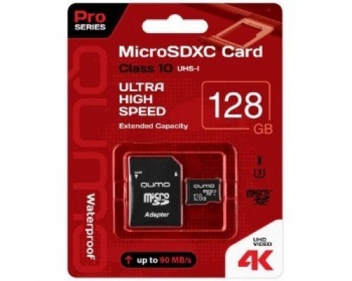 Micro SecureDigital 128Gb QUMO QM128GMICSDXC10U3 MicroSDXC Class 10 UHS-I, SD adapter