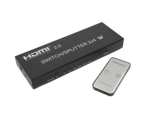 ORIENT HSP0204H-2.0, HDMI 4K Switch/Splitter 2-&gt;4, HDMI 2.0a/3D, HDR, UHDTV 4K/ 60Hz (3840x2160)/HDTV1080p, HDCP2.2, аудио выходы: jack 3.5 mm/SPDIF, пульт ДУ, внешний БП 5В/2A, метал.корпус (30957)