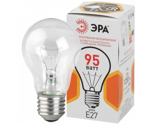 ЭРА Б0039124 A50 95-230-Е27-CL Лампа накаливания A50 груша 95Вт 230В Е27 цв. упаковка