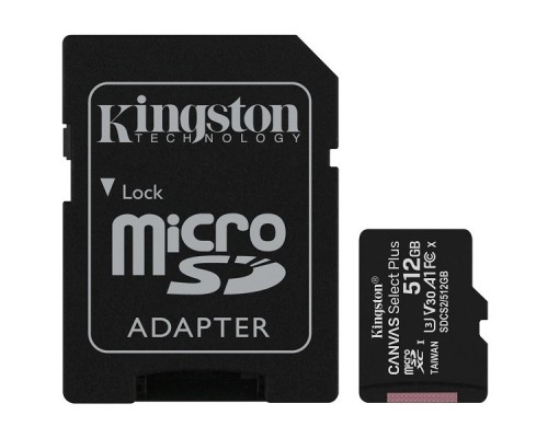 Micro SecureDigital 512Gb Kingston Class 10 UHS-I U3 Canvas Select Plus (SD адаптер) 100MB/s SDCS2/512GB