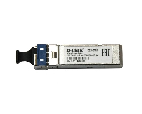D-Link 330R/3KM/A1A WDM SFP-трансивер с 1 портом 1000Base-BX-U (Tx:1310 нм, Rx:1550 нм) для одномодового оптического кабеля (до 3 км, разъем Simplex SC)