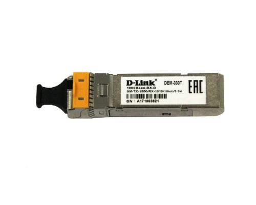 D-Link 330T/3KM/A1A WDM SFP-трансивер с 1 портом 1000Base-BX-D (Tx:1550 нм, Rx:1310 нм) для одномодового оптического кабеля (до 3 км, разъем Simplex SC)