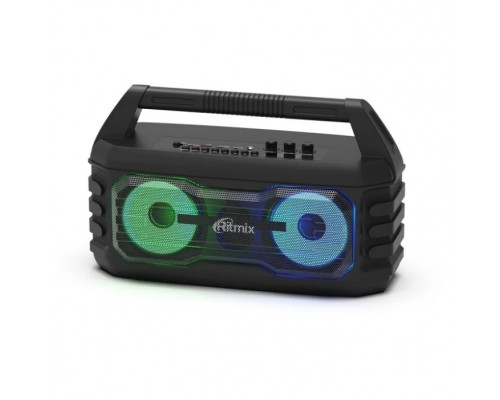 RITMIX SP-610B black AUX, USB, microSD (MP3, WAV, WMA, APE), RGB-подсветка, эквалайзер, дисплей: LED, возможность, микрофонный вход Jack 6,3 мм, 2000 мАч, microUSB DC 5В 1A, 38*23*16 см, пластик, чер
