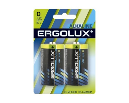Ergolux..LR20 Alkaline BL-2 (LR20 BL-2, батарейка,1.5В) (2 шт. в уп-ке)