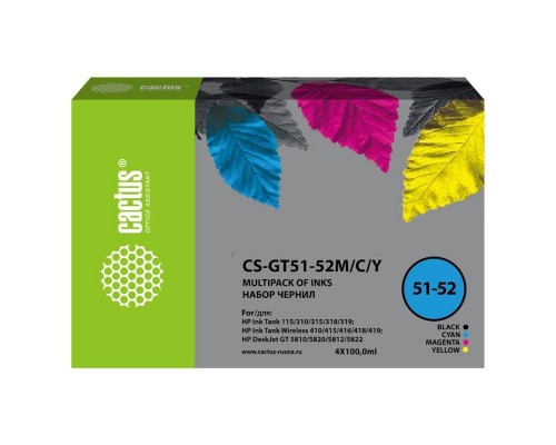 Чернила Cactus CS-GT51-52M/C/Y голубой/пурпурный/желтый/черный набор 4x100 мл для DeskJet GT 5810/5820/5812/5822