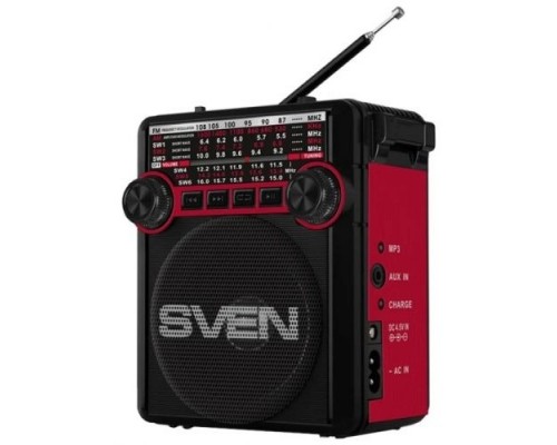 SVEN SRP-355, красный, радиоприемник, мощность 3 Вт (RMS), FM/AM/SW, USB, SD/microSD, фонарь, встроенный аккумулятор