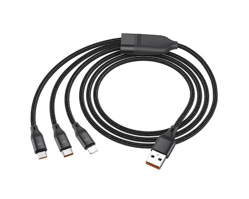 HOCO HC-55933 U104/ USB кабель 3-in-1: Lightning+Micro+Type-C/ 1.2m/ 6A/ Нейлон/ Black