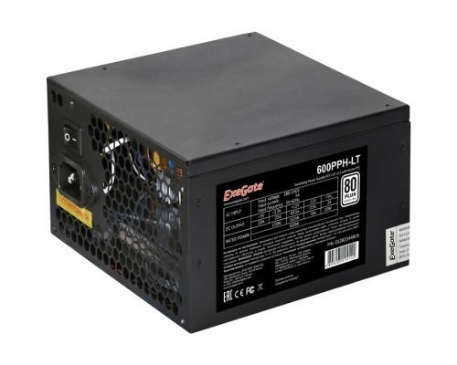Exegate EX282044RUS-OEM-S Блок питания 600W ExeGate 80 PLUS® 600PPH-LT-S-OEM (ATX, APFC, КПД 82% (80 PLUS)SC, 12cm fan, 24pin, (4+4)pin, PCIe, 5xSATA, 3xIDE, black, кабель 220V с защитой от выдергиван