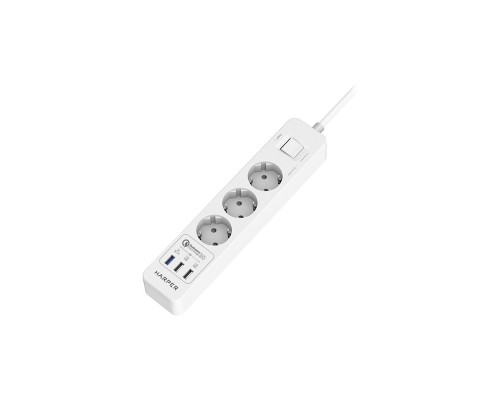 Harper Сетевой фильтр с USB зарядкой UCH-410 White QC3.0 (3 роз.,3м.,3xUSB (max 4.8A), 4000W) H00003197