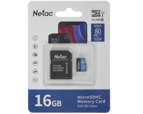 Micro SecureDigital 16GB Netac MicroSD card P500 Standard, retail version w/SD adapter NT02P500STN-016G-R