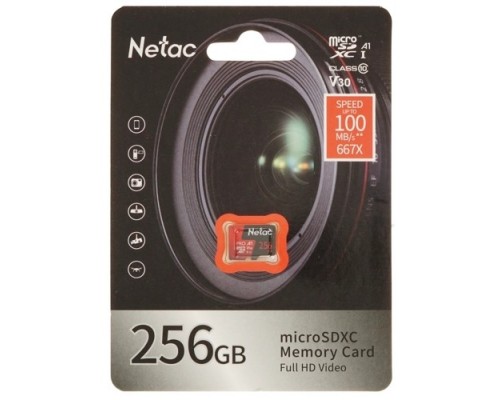 Micro SecureDigital 256GB Netac P500 Extreme Pro MicroSDXC V30/A1/C10 up to 100MB/s, retail pack card only NT02P500PRO-256G-S