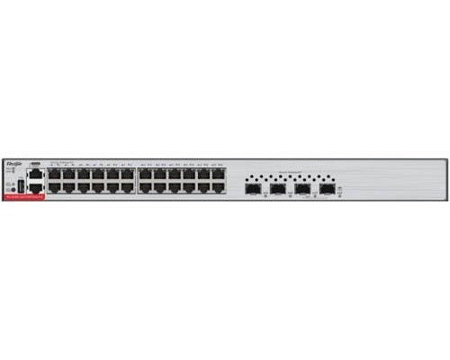 Ruijie RG-S5300-24GT4XS-E 24*10/100/1000Base-T Ethernet ports, 4 10 Gigabit SFP+ ports, 1 management Ethernet port (MGMT), 1 USB port, 1 Console port, and AC power input port on the rear panel