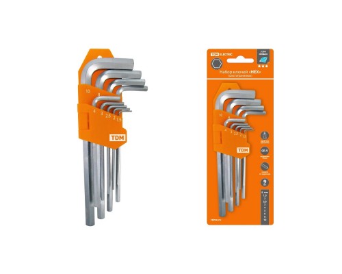 TDM SQ1020-0103 Набор ключей HEX 9 шт.: 1.5-10 мм, длинные, (держатель в блистере), CR-V сталь Алмаз