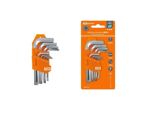 TDM SQ1020-0101 Набор ключей HEX 9 шт.: 1.5-10 мм, короткие, (держатель в блистере), CR-V сталь Алмаз