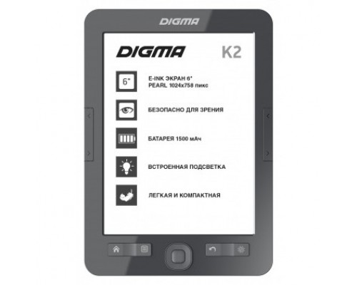 Digma K2 6 E-ink HD Pearl 758x1024 600MHz/4Gb/microSDHC/frontlight темно-серый (1406109)