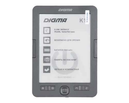 Digma K1 6 E-ink HD Pearl 758x1024 600MHz 128Mb/4Gb/SD/microSDHC темно-серый(1389695)