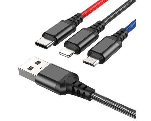 HOCO HC-68636 X76/ USB кабель 3-in-1: Lightning+Micro+Type-C/ 1m/ 2A/ Black+Red+Blue