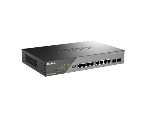 D-Link DSS-200G-10MP/A1A Настраиваемый L2 коммутатор с 8 портами 10/100/1000Base-T и 2 портами 1000Base-X SFP (8 портов PoE 802.3af/at, PoE-бюджет 130 Вт, дальность до 250 м)