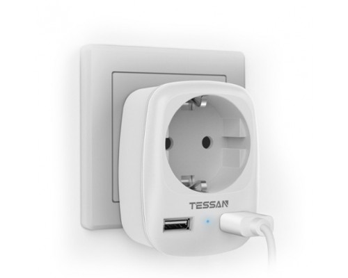 TESSAN TS-611-DE White Сетевой фильтр с 1 розеткой 220В и 2 USB портами 80001854
