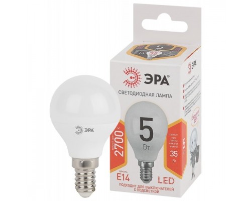 ЭРА Б0028485 Лампочка светодиодная STD LED P45-5W-827-E14 E14 / Е14 5Вт шар теплый белый свет