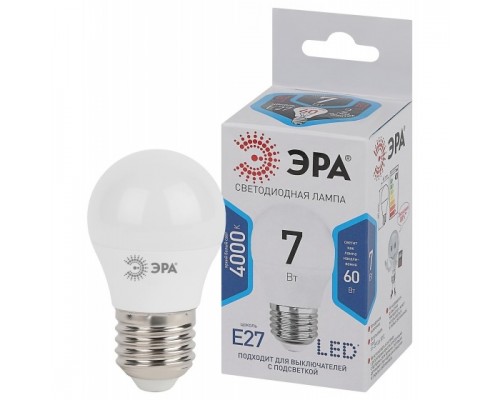 ЭРА Б0020554 Лампочка светодиодная STD LED P45-7W-840-E27 E27 / Е27 7Вт шар нейтральный белый свет