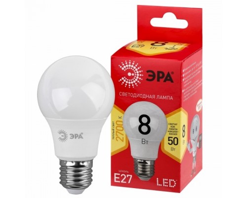 ЭРА Б0052659 Лампочка светодиодная RED LINE LED A55-8W-827-E27 R Е27 / E27 8 Вт груша теплый белый свет
