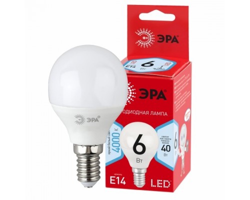 ЭРА Б0052443 Лампочка светодиодная RED LINE LED P45-6W-840-E14 R E14 / Е14 6Вт шар нейтральный белый свет