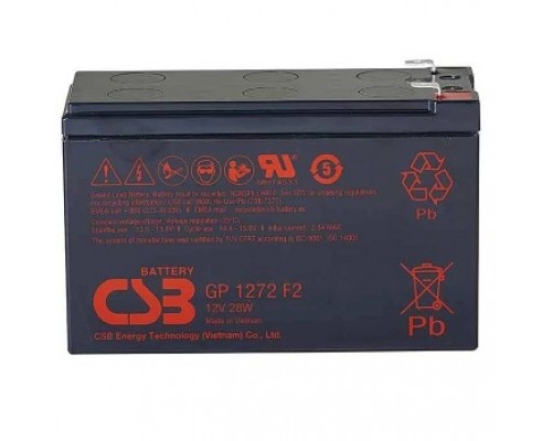 Батарея CSB серия GP, GP1272 (12V28W) , напряжение 12В, емкость 7Ач (разряд 20 часов), емкость 28 Вт/Эл при 15-мин. разряде до U кон. - 1.67 В/Эл при 25 °С, макс. ток разряда (5 сек.) 100А, ток коротк